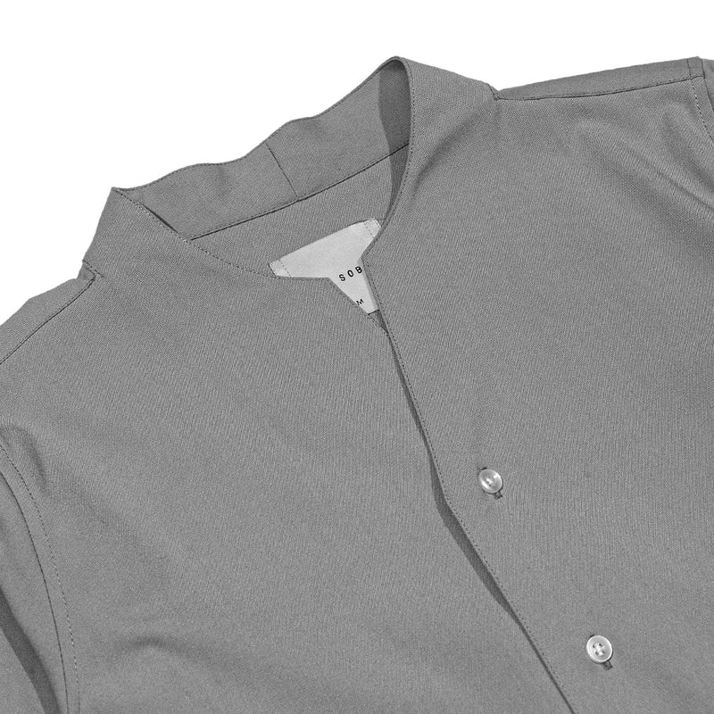 Grey Collarless Long Sleeves Shirt Part 1 With Visible Buttons & Pleats