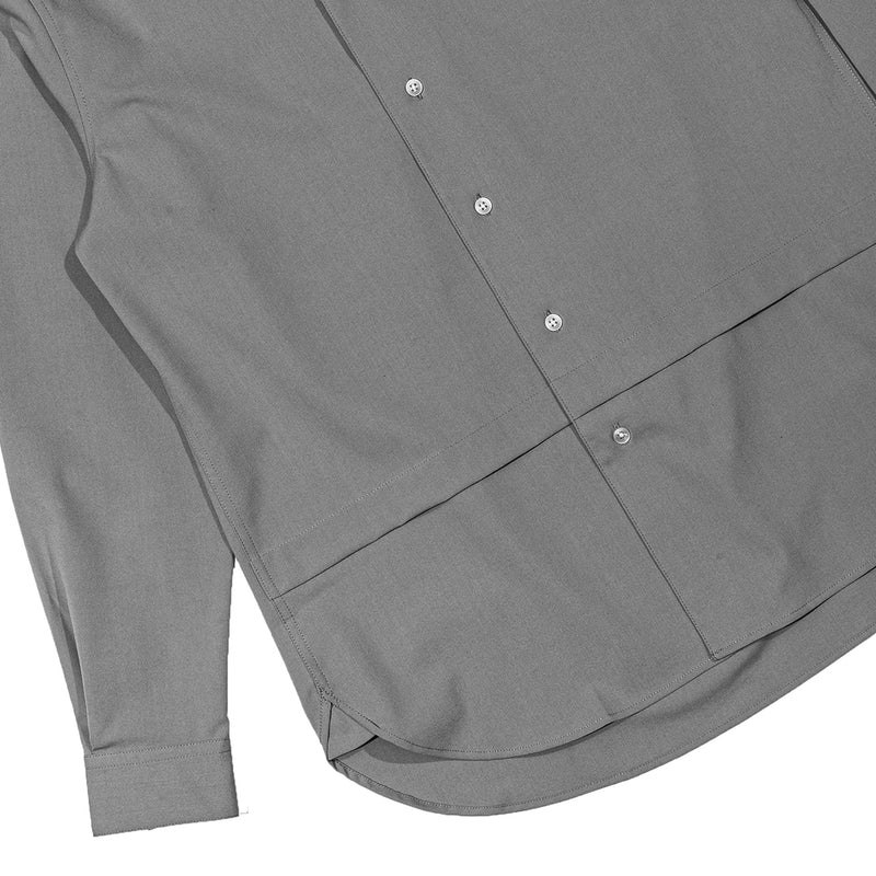 Grey Collarless Long Sleeves Shirt Part 1 With Visible Buttons & Pleats