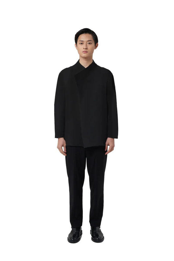 JS164 Black Collarless With Pleats Opening Longsleeves Shirt