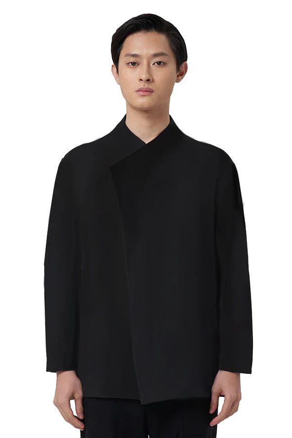 JS164 Black Collarless With Pleats Opening Longsleeves Shirt